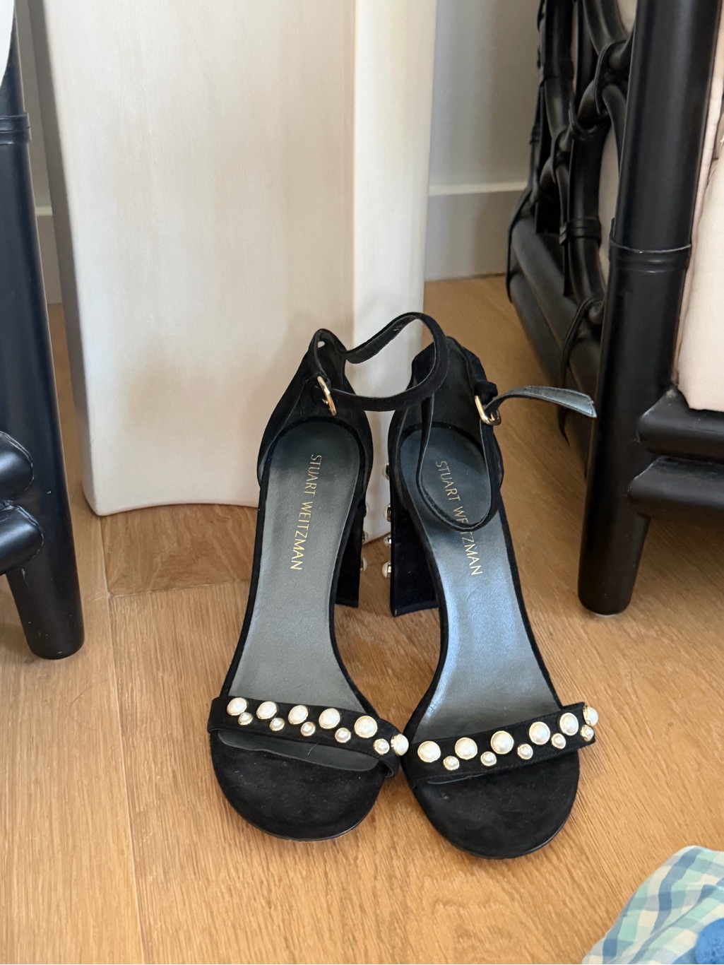 Stuart Weitzman Black Suede Pearl-Trim Block Heel Sandals